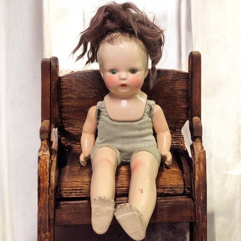 VTG Composition Baby Doll 17”  Sleepy Creepy Eyes Jointed Arms Legs Signed F